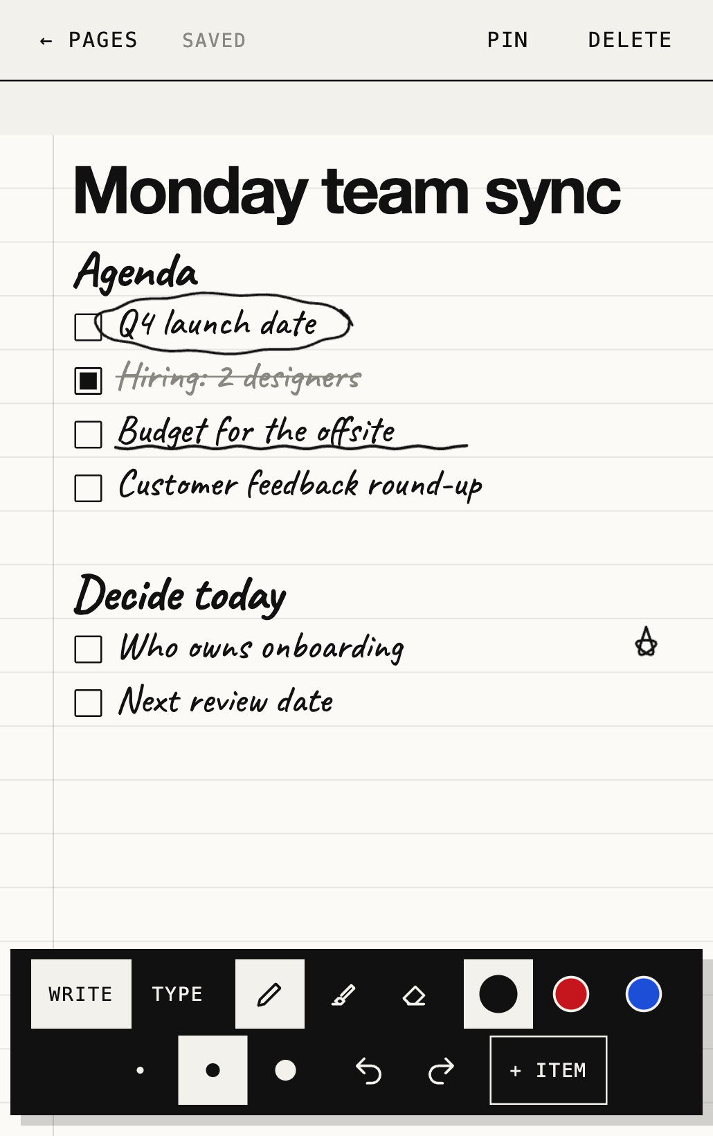 A Fromnote page on a phone: a meeting agenda written by an AI, with a hand-drawn circle, underline, star and a ticked box